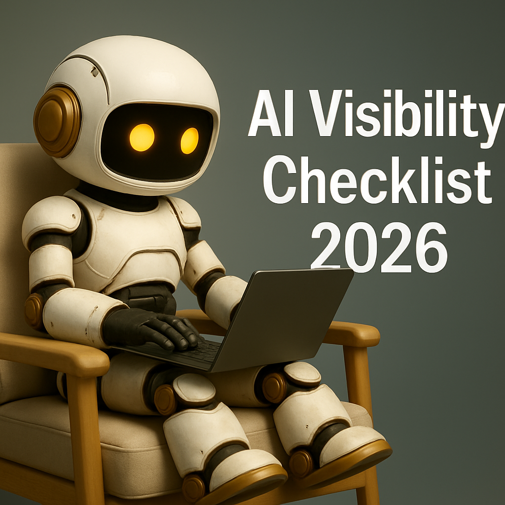 Cute robot sitting in a chair using a laptop, with the text 'AI Visibility Checklist 2026' on a plain background.