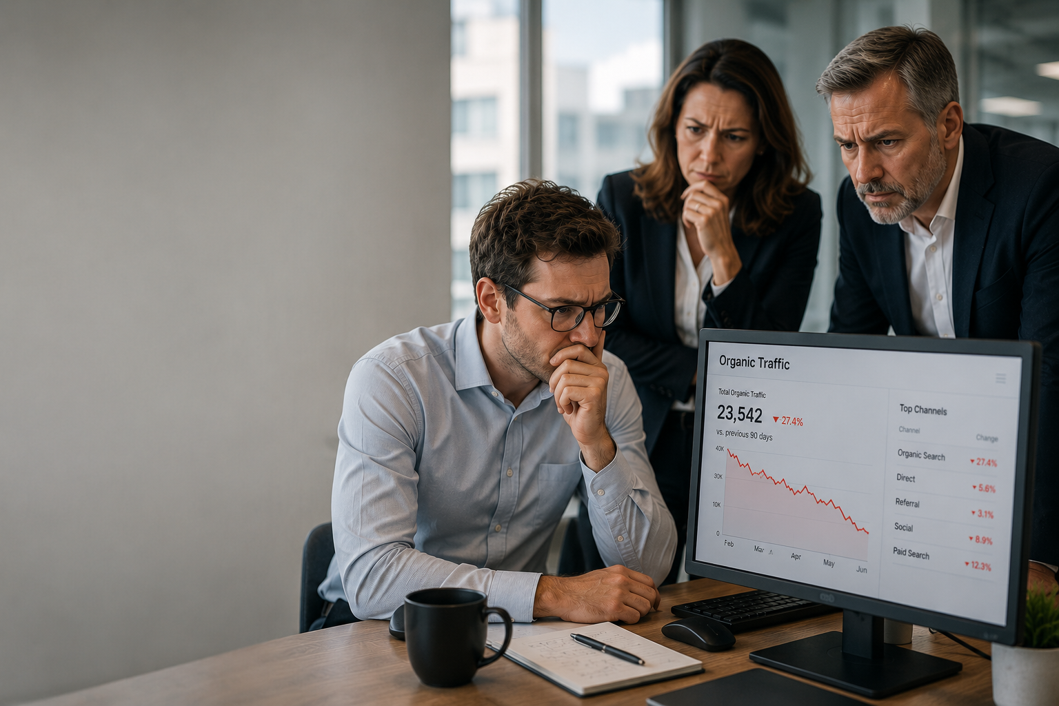 Marketing team reviewing declining organic search traffic on an analytics dashboard after publishing AI-generated content.
